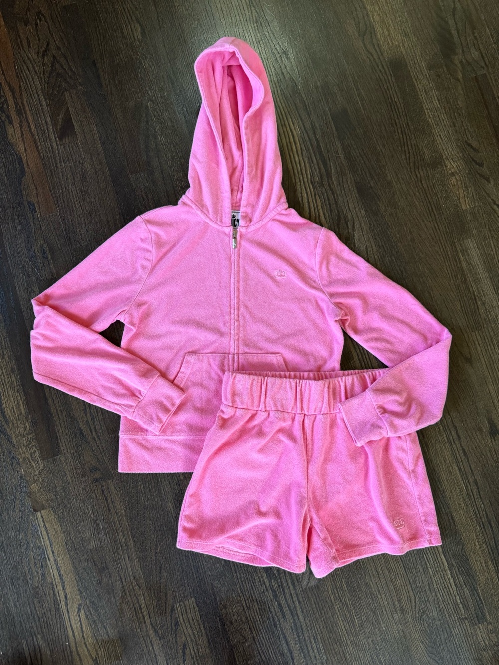 Juicy Couture Barbie Pink Terrycloth Zip Up Hoodie-S and Shorts-XS Loungeset Y2K